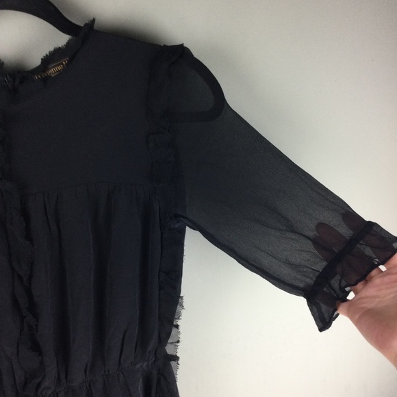 Vivienne Midow 100% Silk Ruffle Raw Trim Sheer Sleeve Black Mini Dress Size 2 - Picture 9 of 12